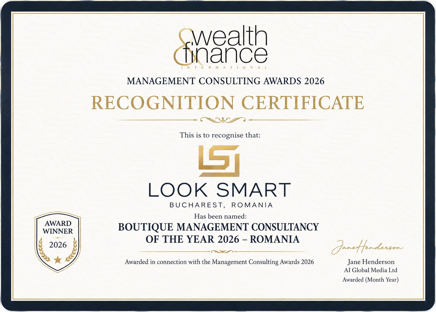Recognition Certificate — LOOK SMART, Boutique Management Consultancy of the Year 2026, Romania (Wealth & Finance International)