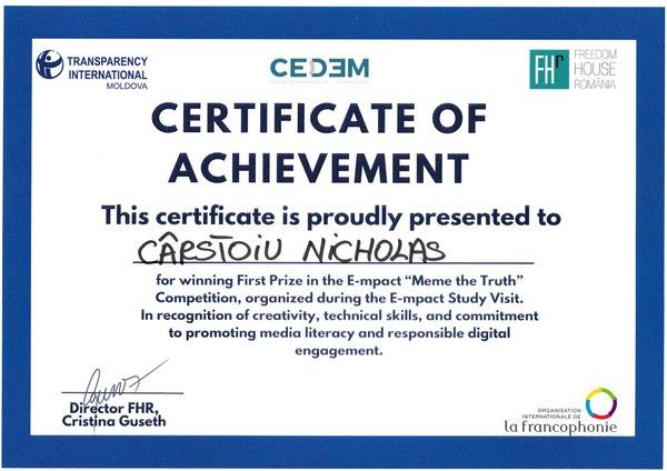 Certificate of Achievement &mdash; First Prize, Meme the Truth, Freedom House Romania