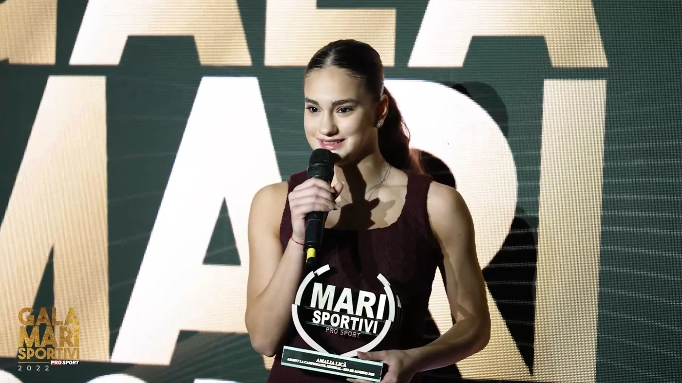 Amalia Lică on stage at the Gala Mari Sportivi, receiving an award for her world silver Amalia Lică on stage at the Gala Mari Sportivi, receiving an award for her world silver