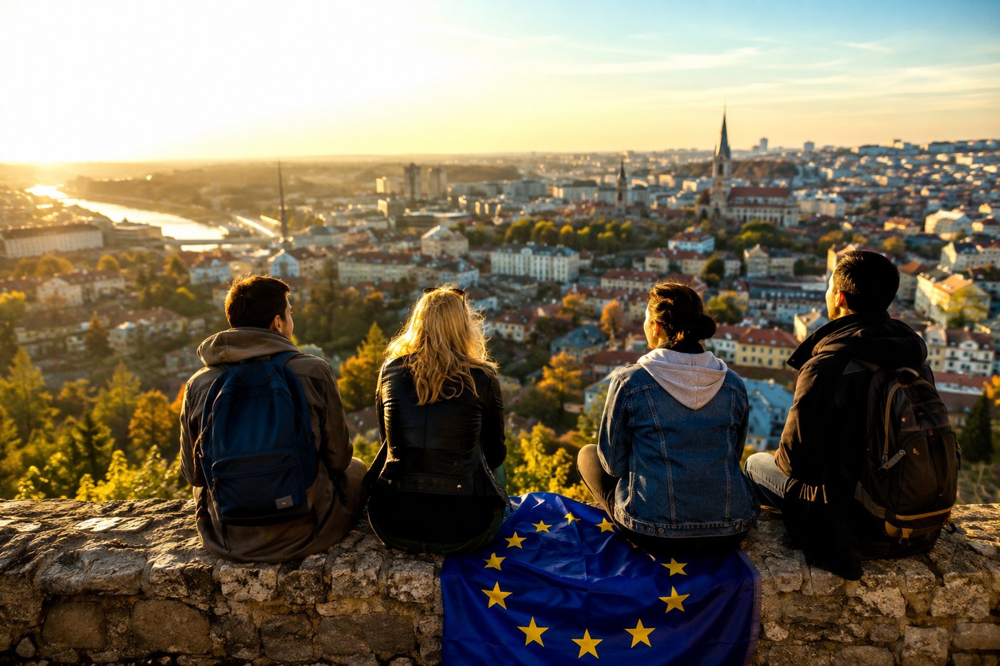 Four young people at sunset overlooking a European city, with a European Union flag beside them