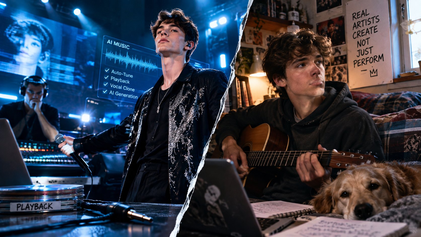AI music, Auto-Tune and playback contrasted with a young musician playing acoustic guitar - essay by Nicholas Carstoiu