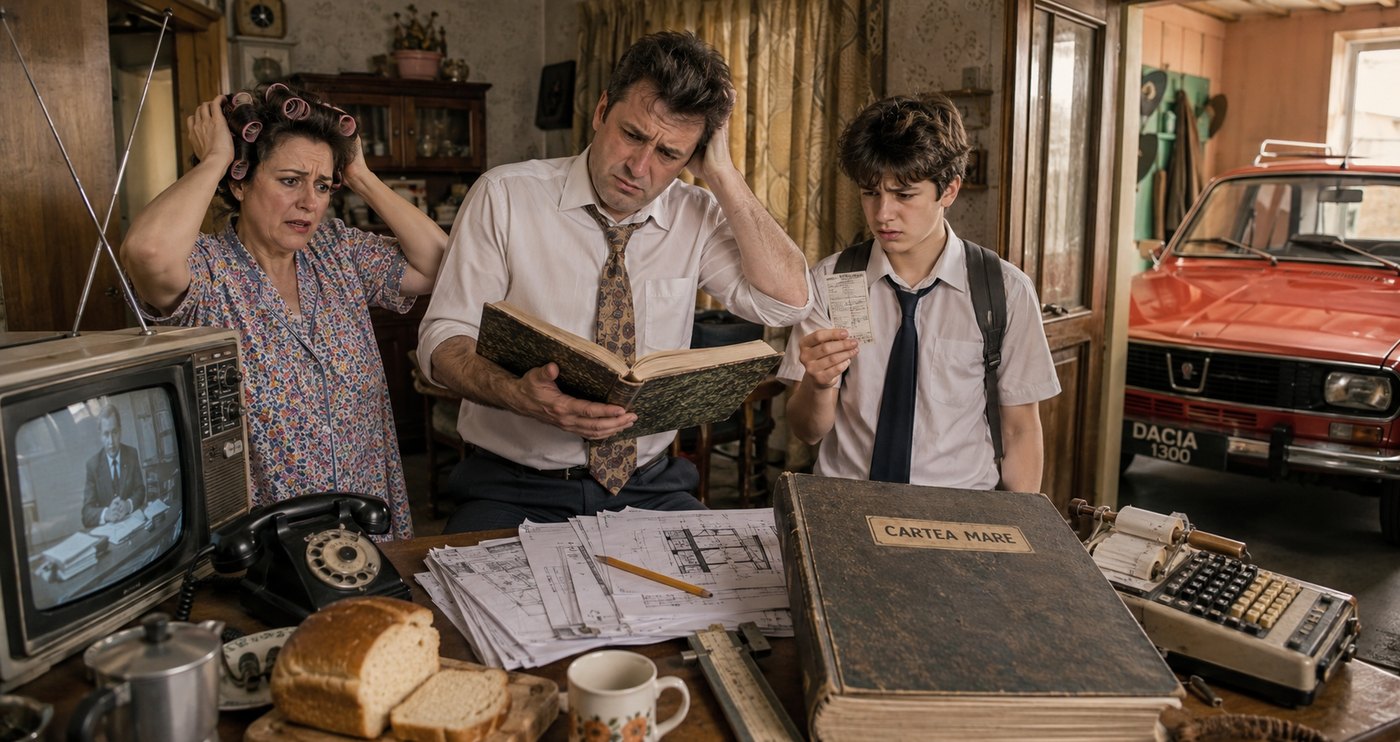 A 1970s Romanian family - mother in curlers, father holding a ledger, teenage son holding a bus ticket - looking baffled in a kitchen, with a red Dacia 1300 behind them