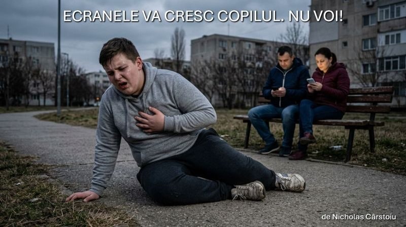 Un adolescent se prăbușește pe trotuar în timp ce doi adulți din apropiere stau absorbiți de telefoane - eseu de Nicholas Cârstoiu