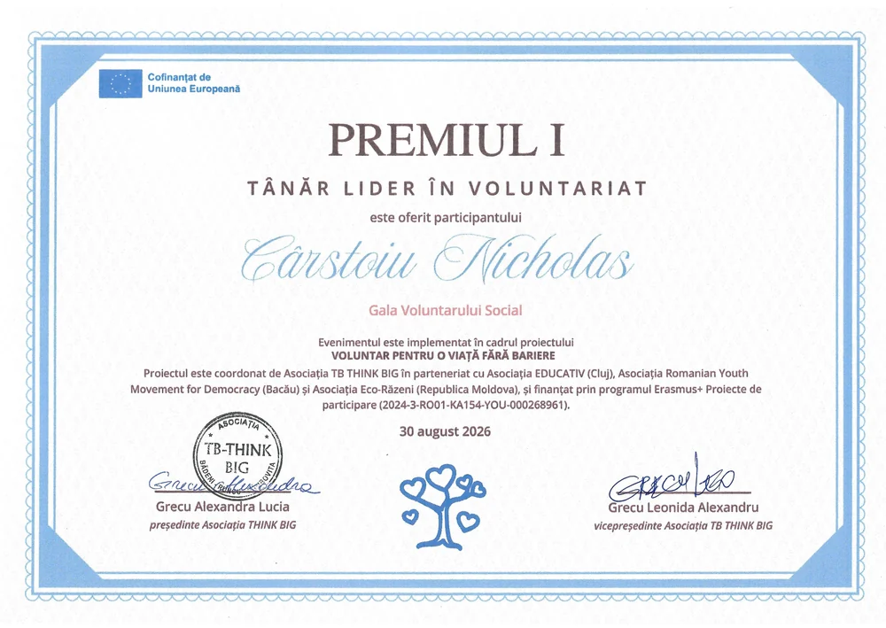 Diploma - First Prize, Young Leader in Volunteering, Nicholas Carstoiu, Gala Voluntarului Social 2026