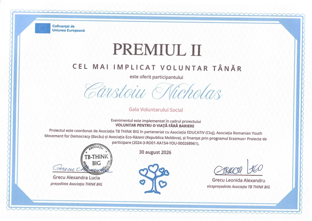Diploma - Second Prize, Most Dedicated Volunteer, Nicholas Carstoiu, Gala Voluntarului Social 2026