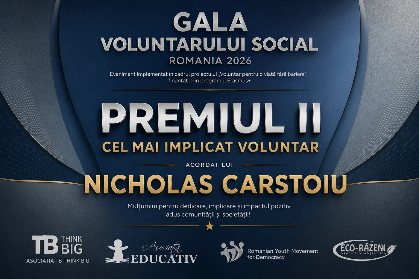 Poster announcing Nicholas Carstoiu as winner of Second Prize - Most Dedicated Volunteer - at the Social Volunteer Gala Romania 2026
