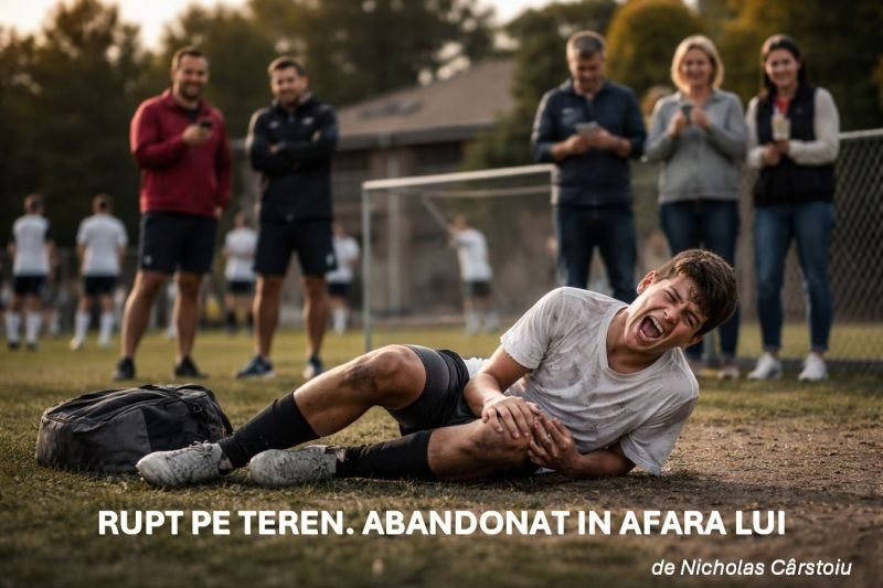 Un tânăr fotbalist stă accidentat pe teren ținându-se de genunchi în timp ce antrenorii și părinții privesc de la distanță