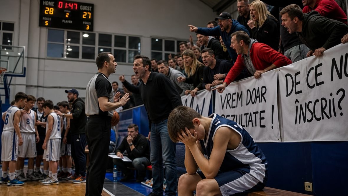 A young basketball player sits with his head in his hands while adults in the stands shout and a man argues with the referee - essay by Nicholas Carstoiu on parental pressure in youth sport