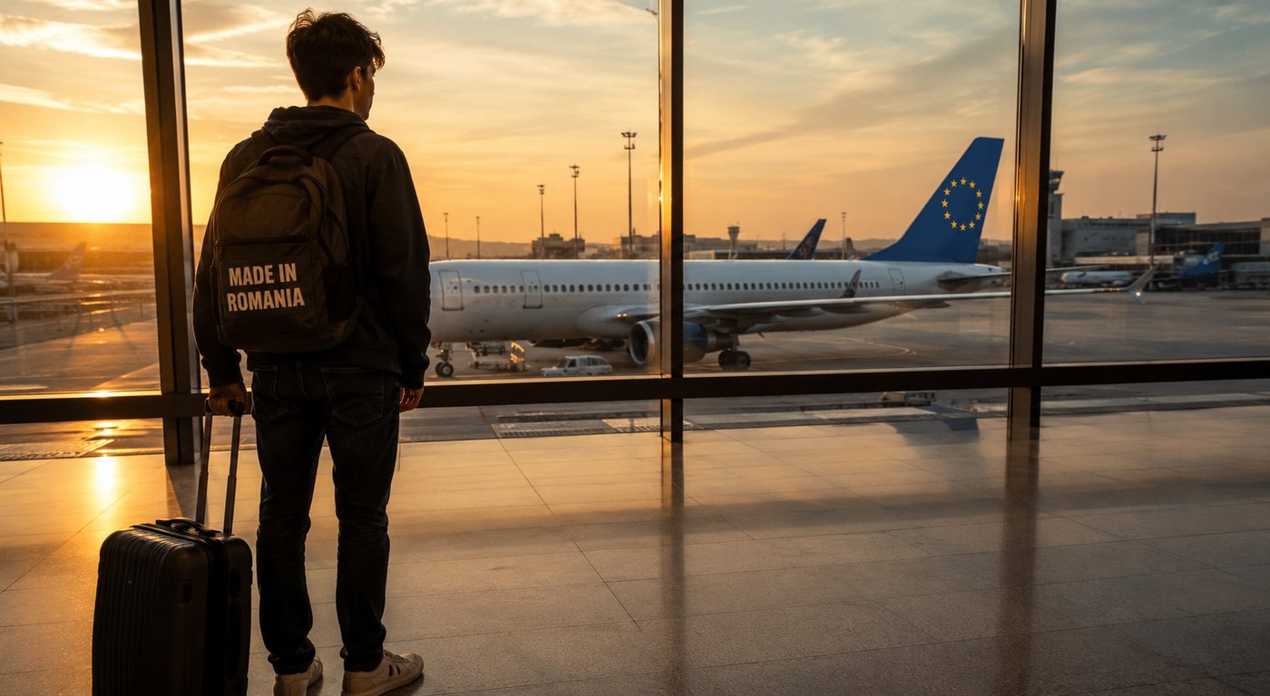 A young traveller with a Made in Romania backpack watching an EU-tailed plane at sunset in an airport terminal