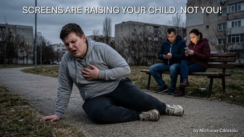 A teenager collapses on the pavement while two adults nearby stay absorbed in their phones - essay by Nicholas Carstoiu