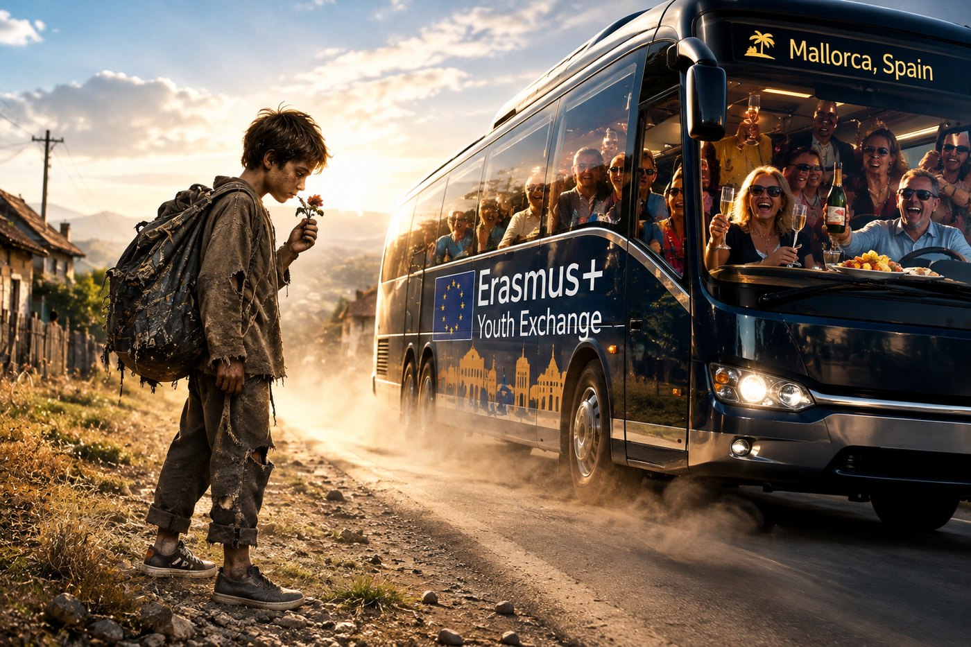 A ragged boy smells a flower on a dusty village road as a luxury Erasmus+ Youth Exchange coach to Mallorca drives past, full of laughing adults with champagne