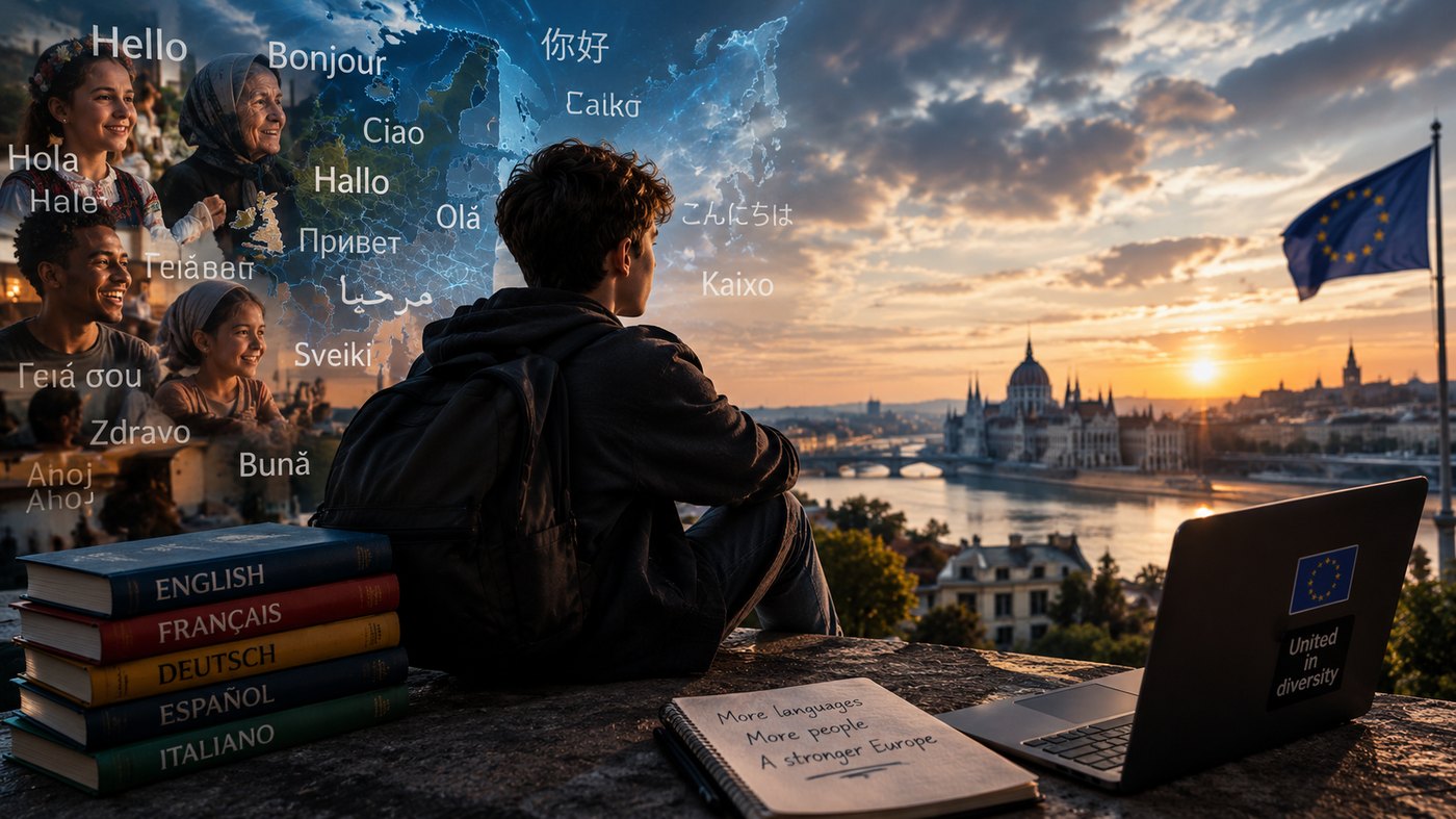 A teenage boy looks out over a European city at sunset, surrounded by greetings in many languages, a stack of language textbooks and an EU flag