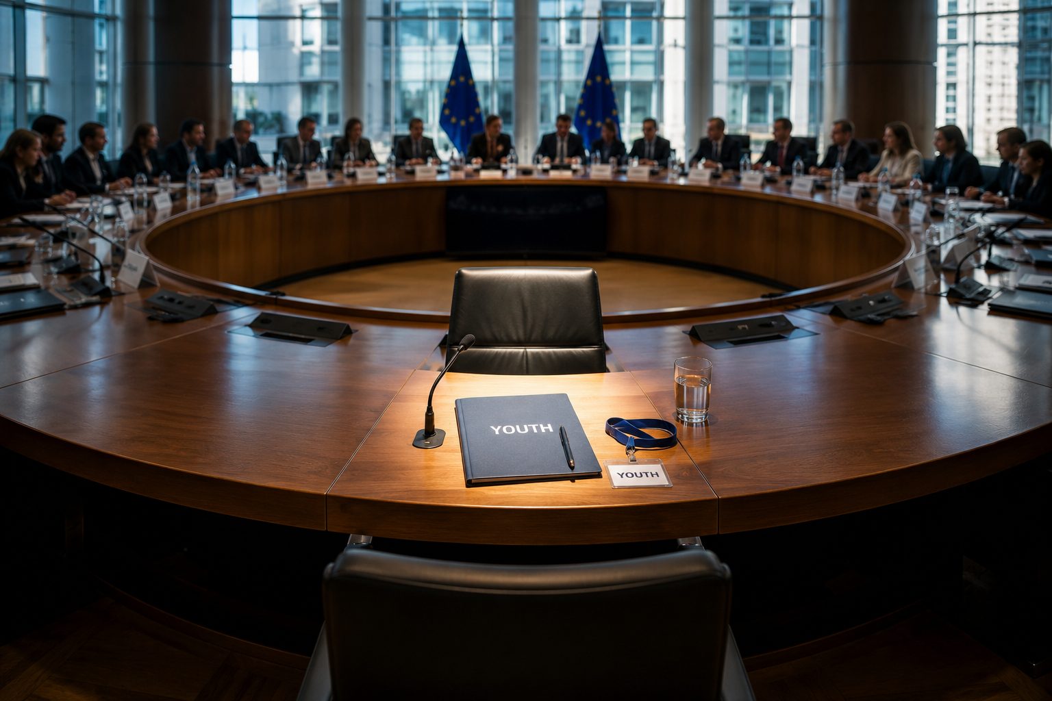 Empty youth seat at a European council table during a discussion about youth participation