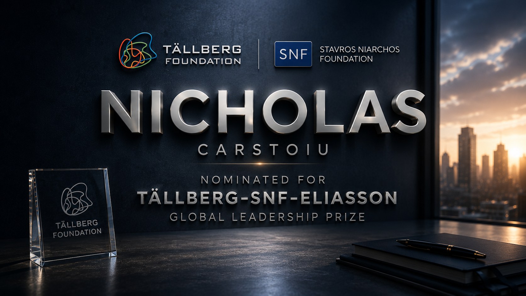Nicholas Carstoiu nominated for the Tällberg-SNF-Eliasson Global Leadership Prize, with the Tällberg Foundation and Stavros Niarchos Foundation logos