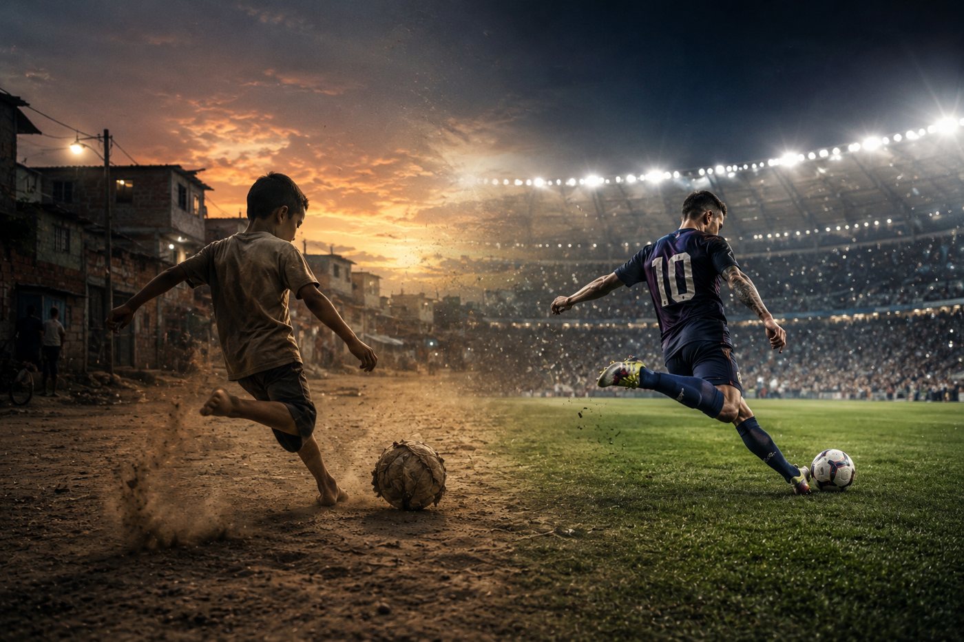 A barefoot boy plays football on a dirt pitch as a professional strikes the ball in a floodlit stadium