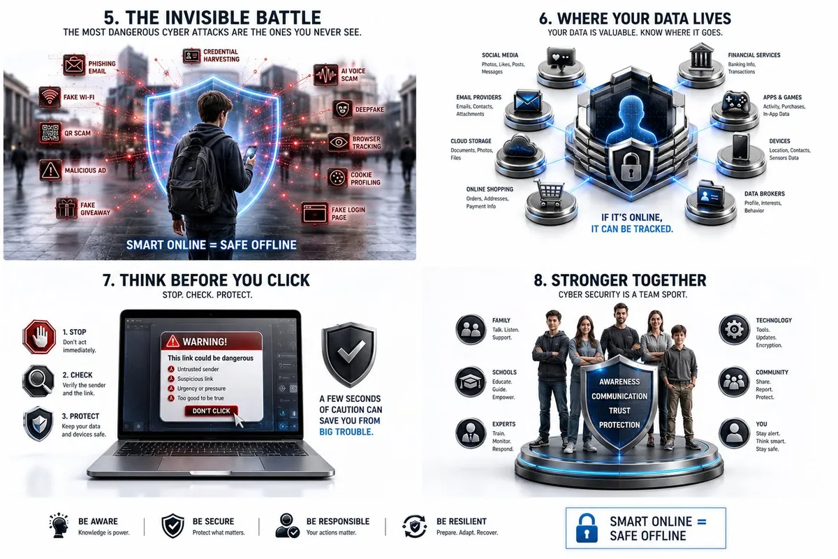 The invisible battle, where your data lives, think before you click, stronger together.