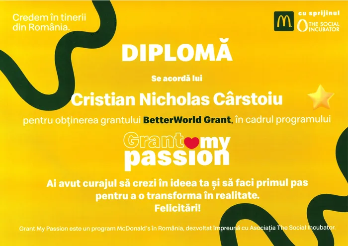 Nicholas Carstoiu - Diploma - Better World Grant Winner