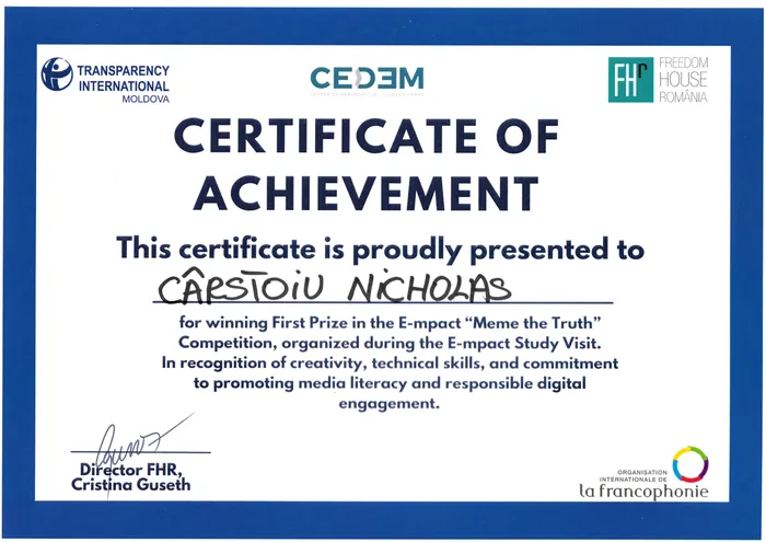 Nicholas Carstoiu - Freedom House Romania diploma - Mème la vérité