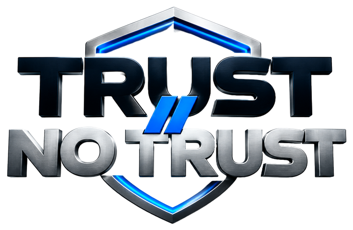 TRUST // NO TRUST logo: the words Trust and No Trust on a steel shield with a blue double slash